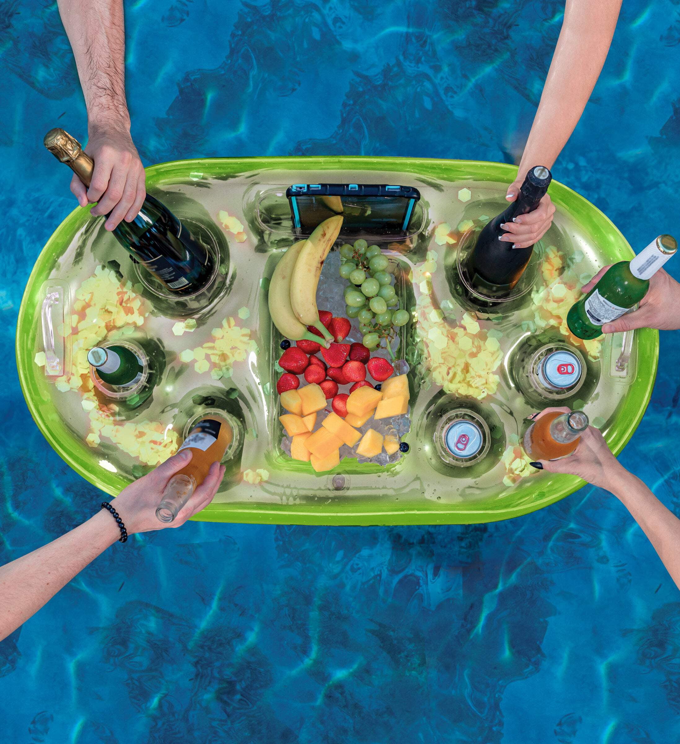 POZA Inflatable Cooler Float - Luxury Inflatable Drink Cooler for Pool Filled with Sparkly Confetti, Premium Pool Party Cooler, Perfect Cooler Float for River, Beach or Pool - 39x23 Inch - Green Gold