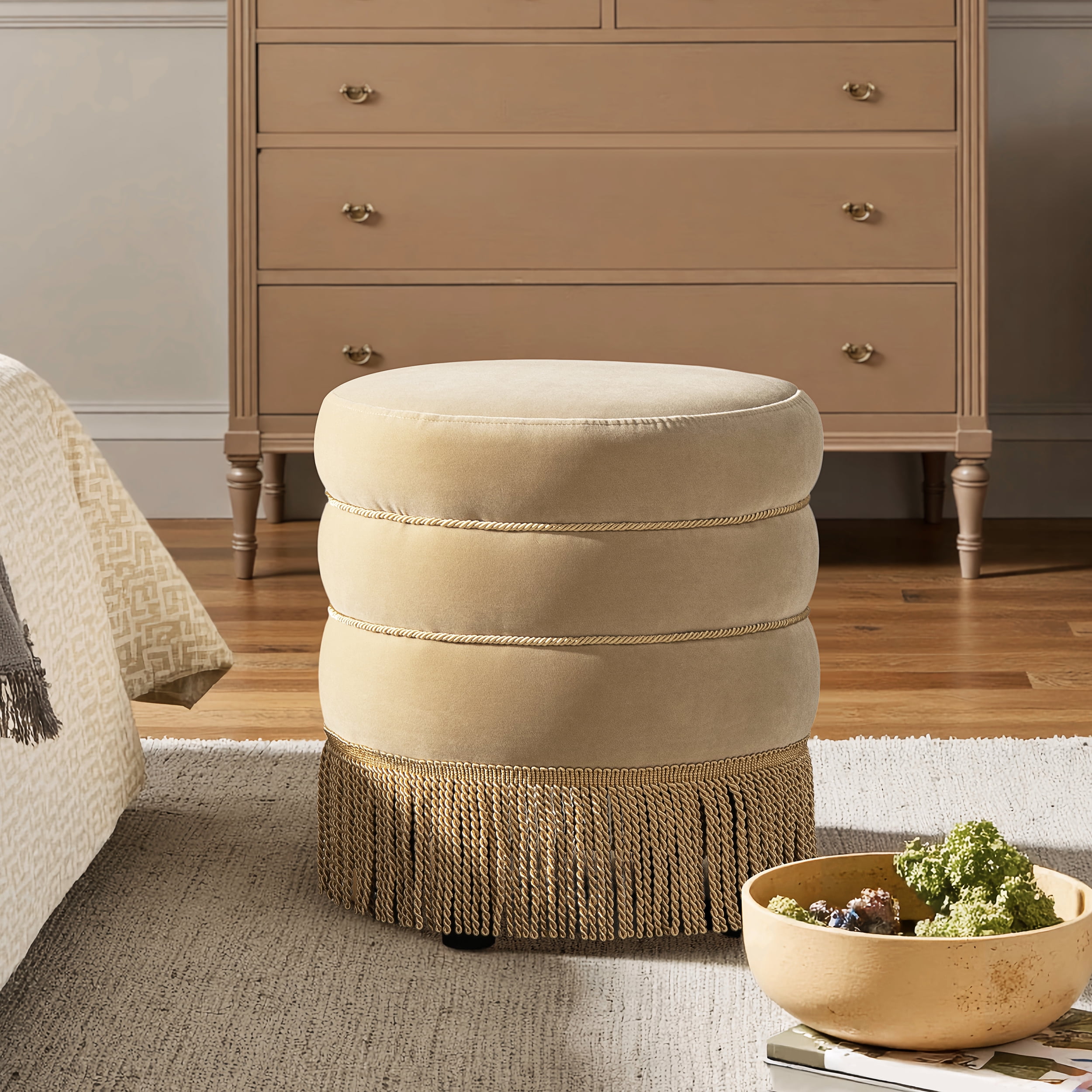 Jennifer Taylor Home Edward 17.5" Round Upholstered Ottoman with Bullion Fringe, Fawn Brown Performance Velvet