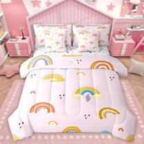 Homewish Cute Rainbow 7-Piece Bedding Comforter Set For Children Teens Girls,Dreamy Princess King Bedding Sets,Kawaii Cartoon Ultra Soft Bed Sheets,Super Cozy Room Decor,Reversible
