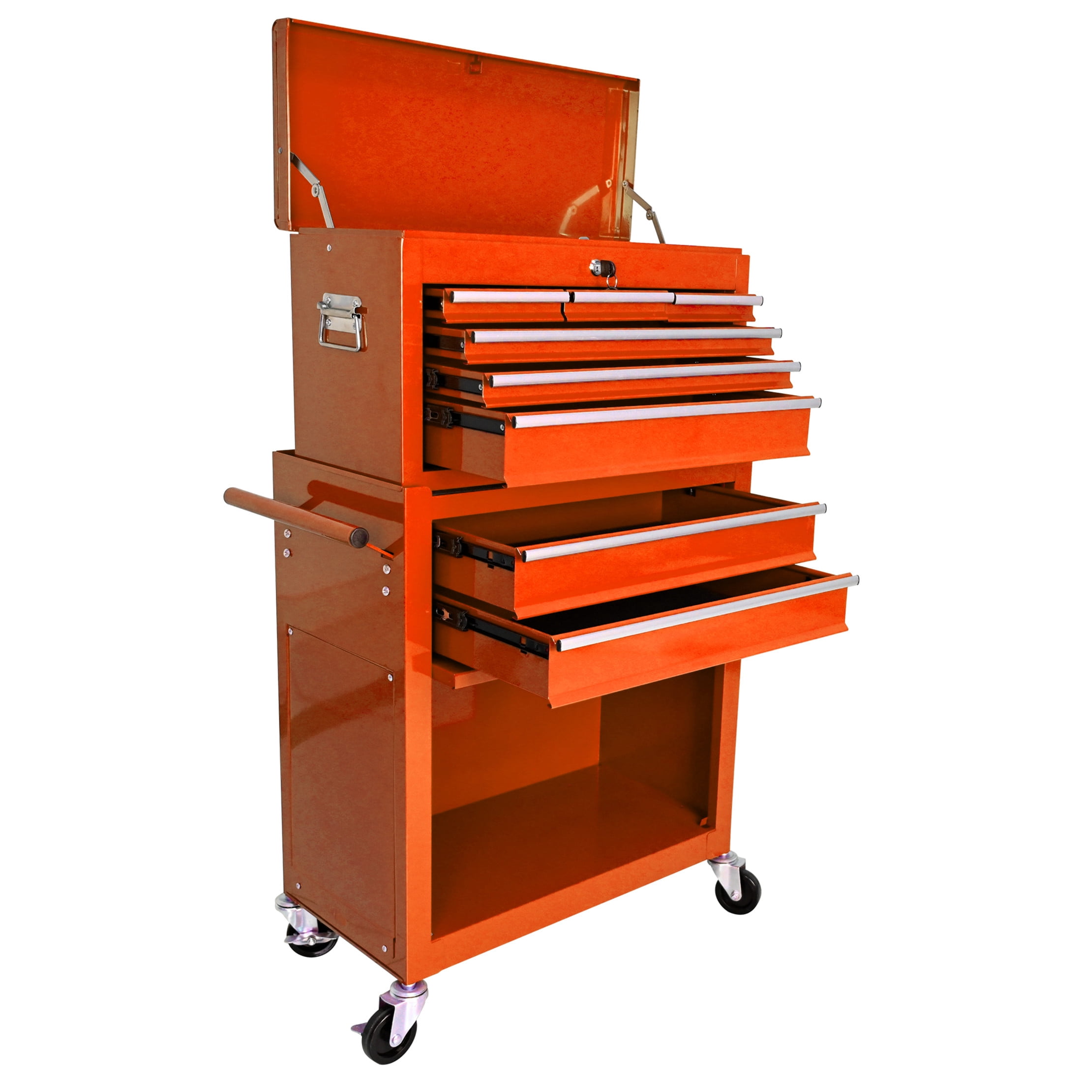 Noble House Heavy-Duty Rolling Tool Chest, 8-Drawer Steel Storage Box Organizer with Detachable Box, Orange