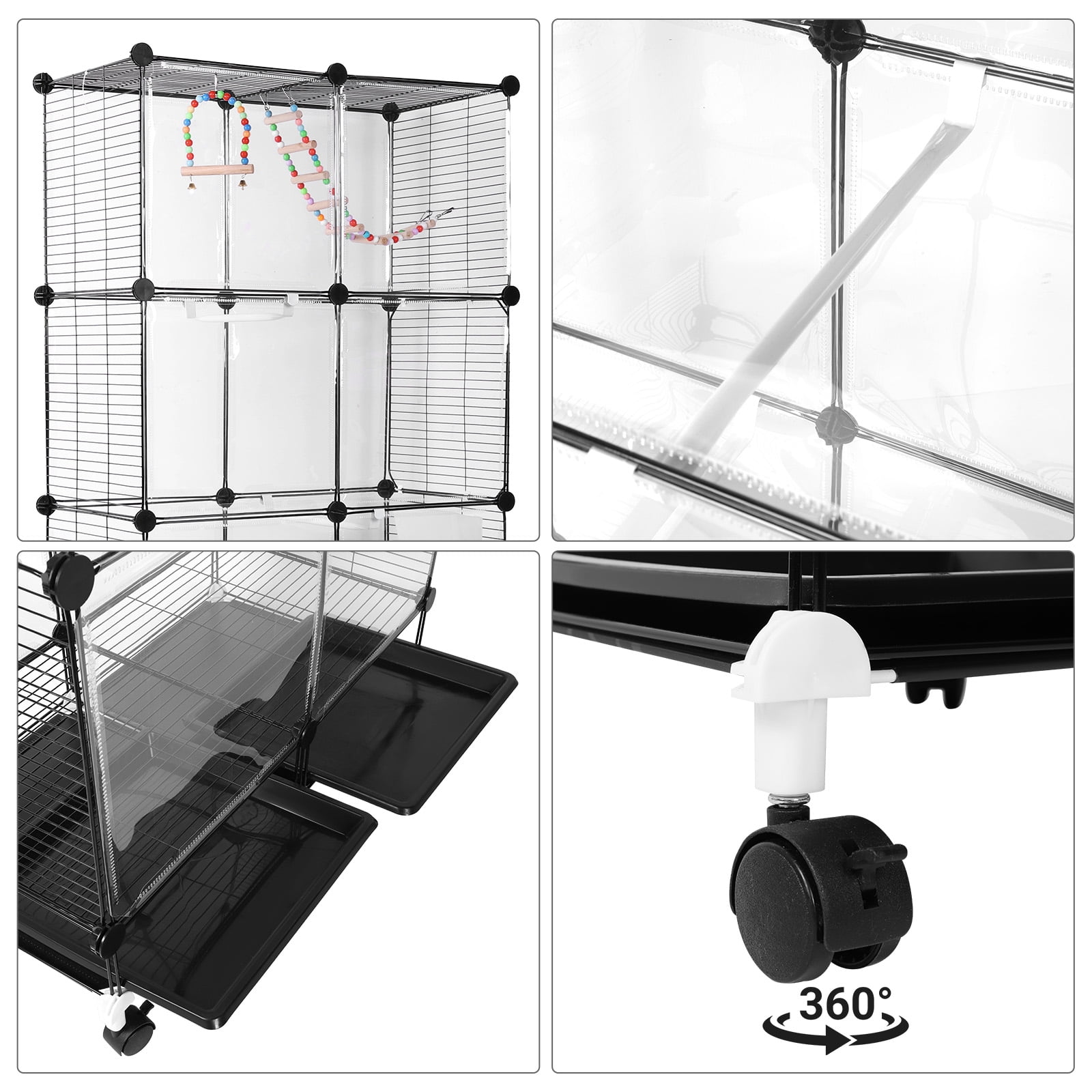 Qiyester Parrot Cages Portable Birdcage Pet Nest House w/Wheels Swing Ladder Feeders Slide-Out Tray for Small Mid-Sized Birds (Black)