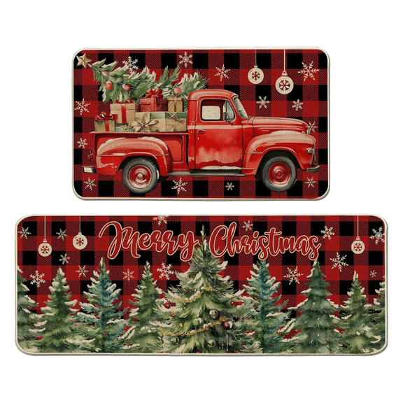 ZHUYZ Red Merry Christmas Kitchen Rug Set of 2, Farmhouse Tree Truck Floor Mat, Non Slip Anti Fatigue Kitchen Mats, Cushioned Rug Set for Winter Holiday Decorations, 15.7x23.6 15.7x47 Inch
