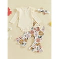 thumbnail image 2 of Suealasg 3Pcs Baby Girl Fall Outfits Set Long Sleeve Ribbed Romper + Floral Print Flare Pants + Headband Set 3 6 12 18 Months Infant Girl Spring Clothes, 2 of 7