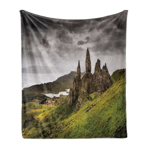 Scotland Soft Flannel Fleece Throw Blanket, Landscape View of Old Man of Storr Rock Formation Dull Weather and Gloomy Sky, Cozy Plush for Indoor and Outdoor Use, 50" x 70", Multicolor, by Ambesonne
