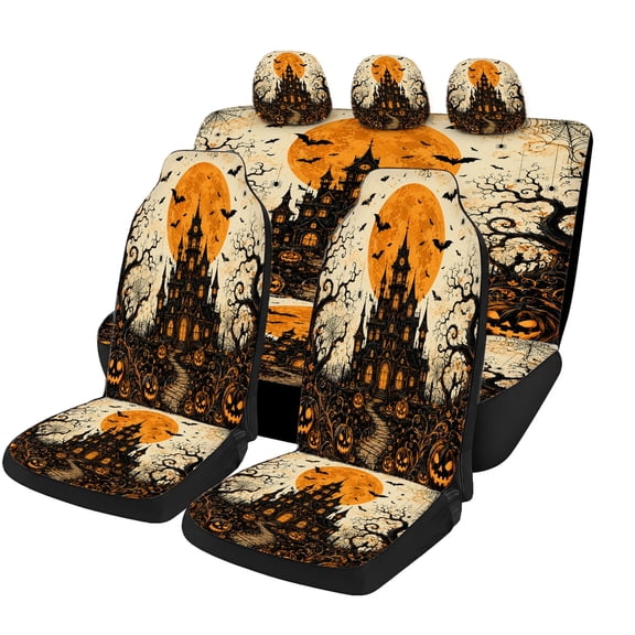 Verolix Halloween Haunted Castle Universal Car Seat Covers Full Set, Mesh Fabric Automotive Seat Cover Set with Front Bucket, Rear Bench and Headrest Covers, Interior Decor for Cars SUVs Trucks Vans