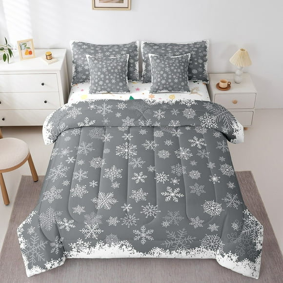 7 Pcs Christmas Full Bedding Set Grey,Modern Xmas Snowflake Comforter Set for Teens Adult,Winter Iced Snowy Flowers Bed in a Bag,Soft Microfiber Reversible Sheet Set with Comforter