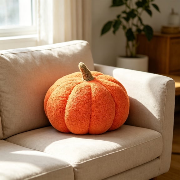 Yhmxh Soft Fluffy Pumpkin Throw Pillow, 3D Plush Sherpa Stuffed Pumpkin Cushion Decor, Cute Autumn Harvest Pumpkin Shaped Plush Toy for Sofa Couch Bed Farmhouse Thanksgiving Halloween Party Decor