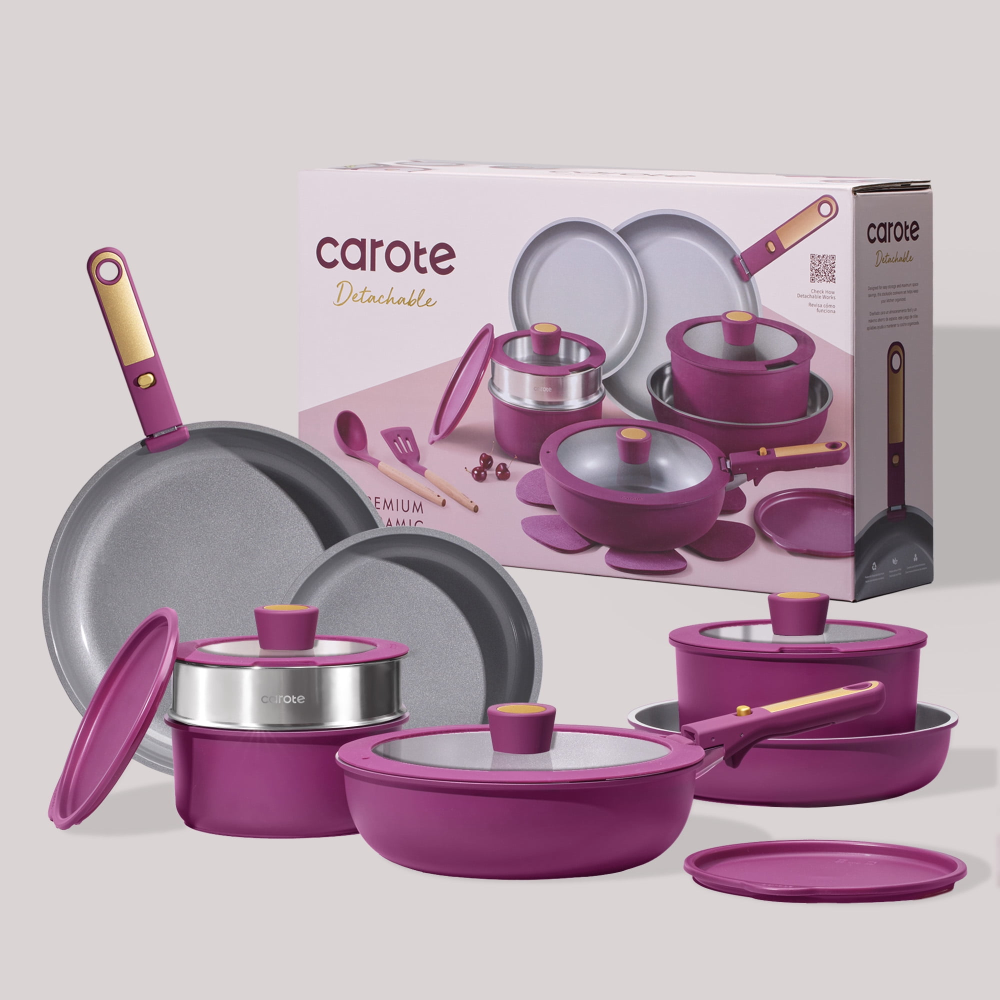 Carote 21-Piece Nonstick Pots and Pans Set, Kitchen Cookware Set with Detachable Handle, Induction Compatible, Purple