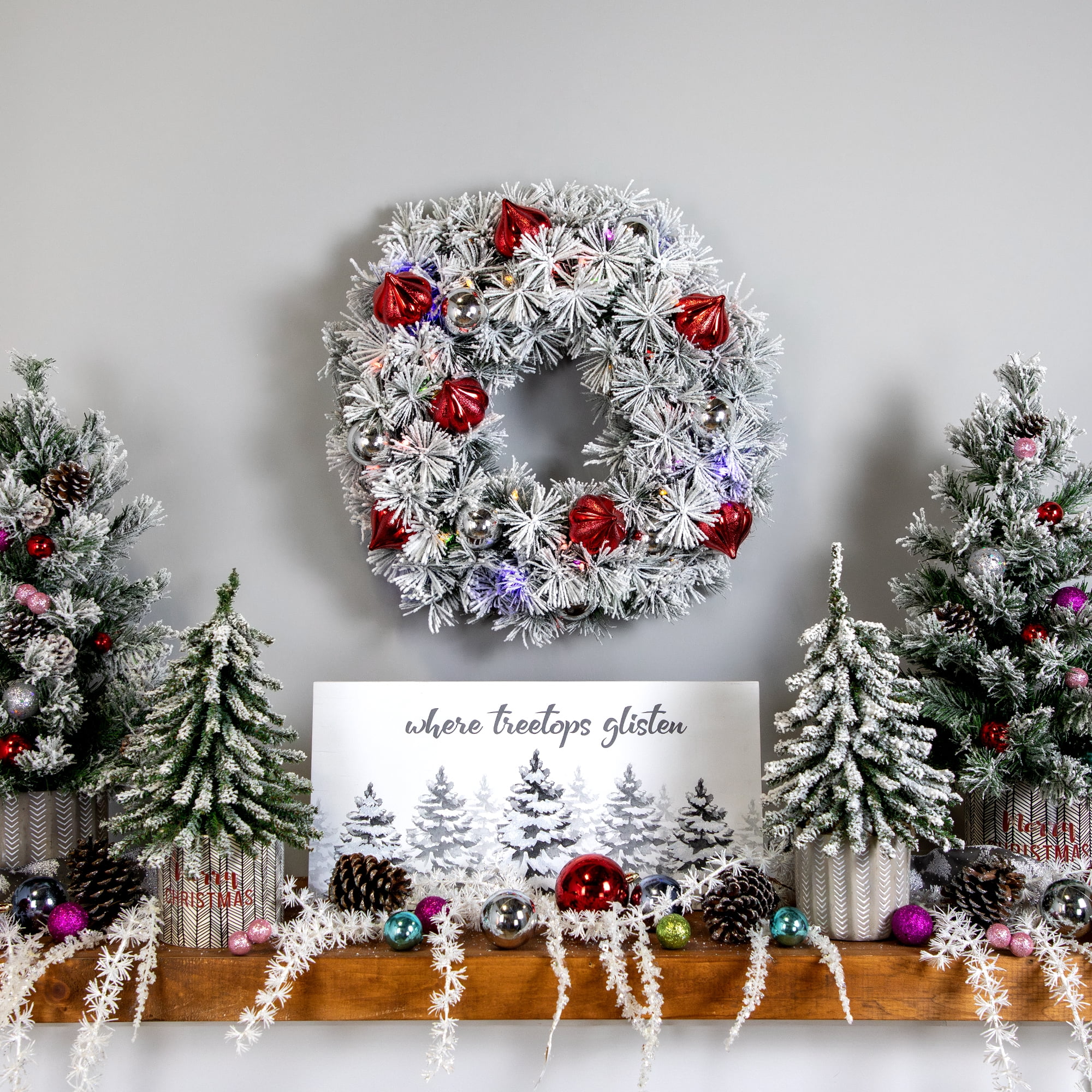 Pre-Lit Snowy Bristle Pine Christmas Wreath 24-Inch Warm White and Multi LED Lights
