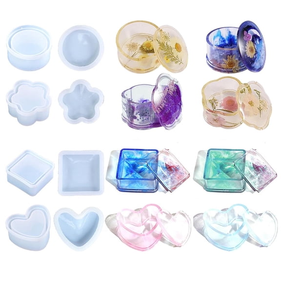 4 PCS Jar Resin Molds Kits with Lid, Epoxy Resin Casting Mold Including Heart Flower, Used for DIY Jewelry Trinket Candy Box Coasters Ash Trays, Candle Vessel Craft Silicone Moulds