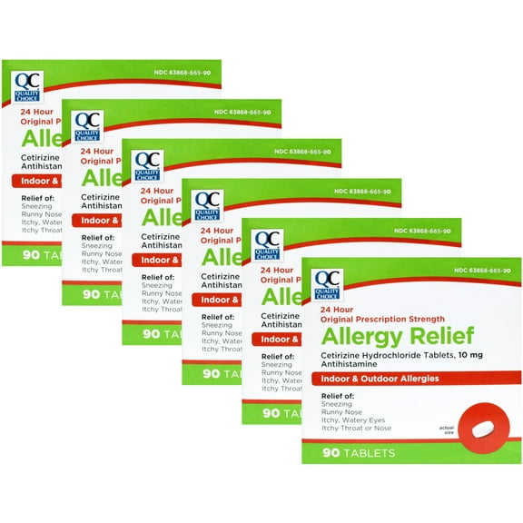 Quality Choice 24 Hour Allergy Relief Cetirizine Hydrochloride Tablets, 10 mg Antihistamine 90 Tablets Pack of 6