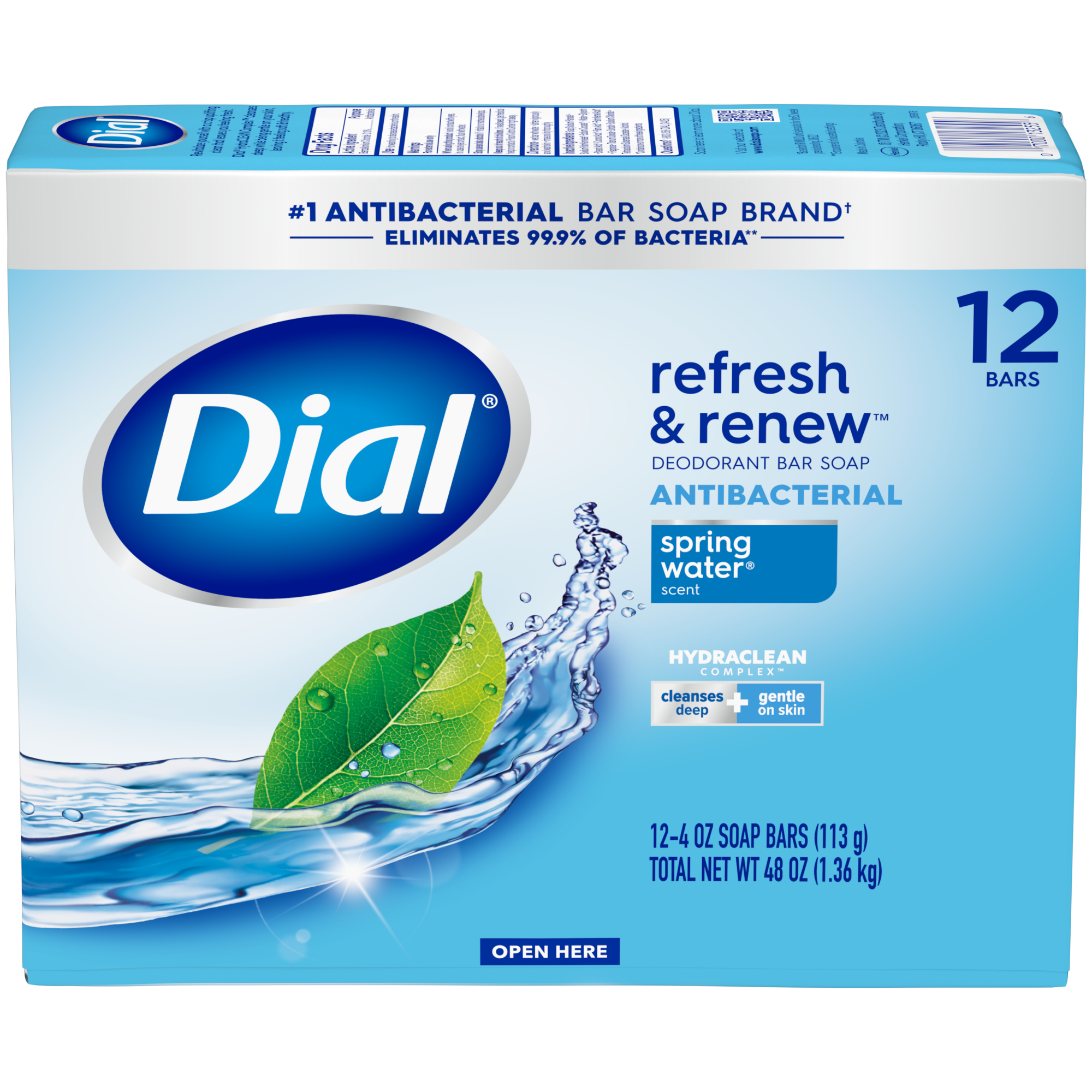Dial Antibacterial Bar Soap, Refresh  Renew, Spring Water, oz, 12 Bars 