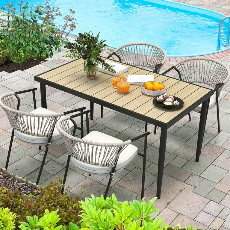 DWVO 70in Outdoor Rectangular Dining Table Patio Table with Umbrella Hole Black Nature Wood