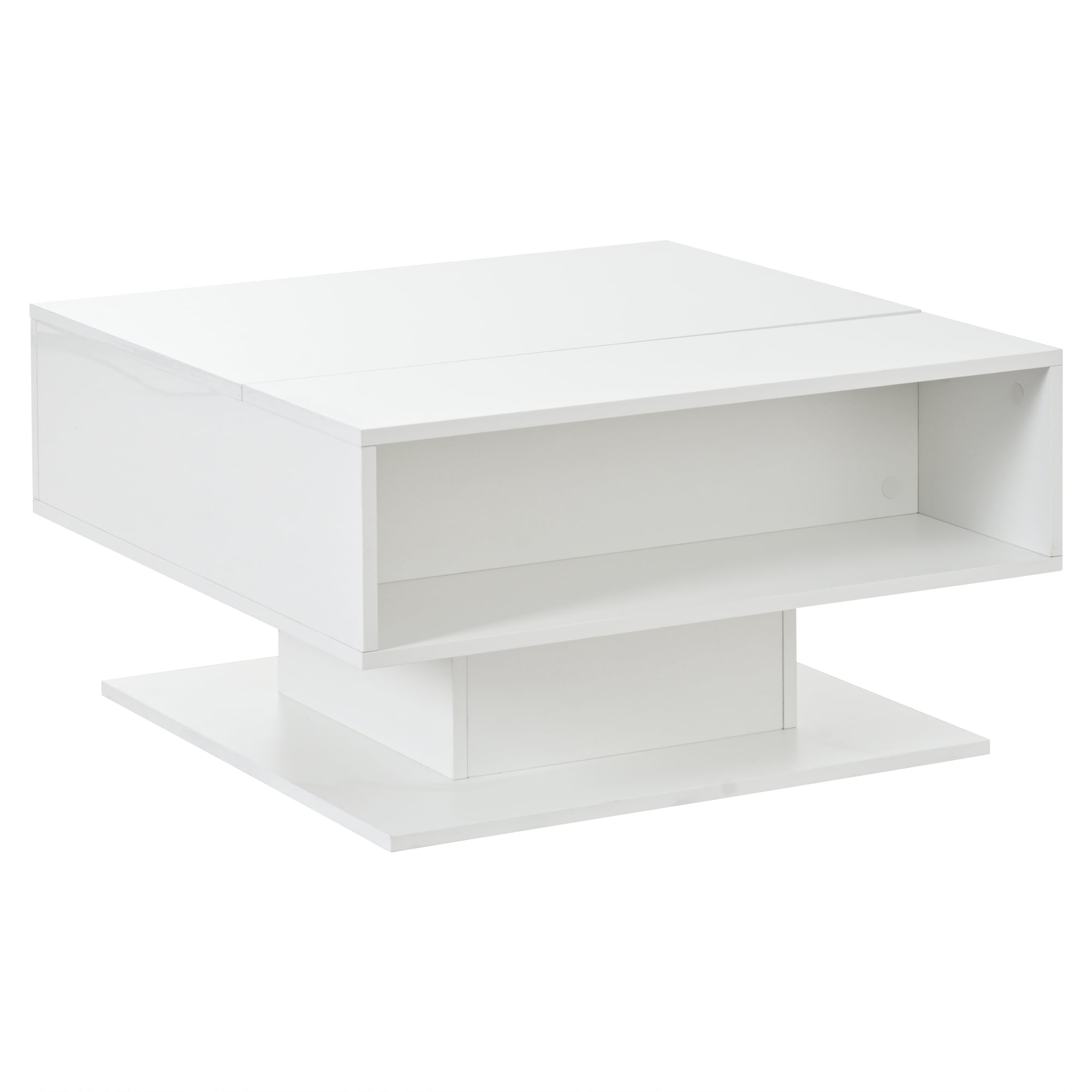 Homy Casa, table basse relevable blanche avec DEL, rangement ouvert et fini haute brillance pour salon