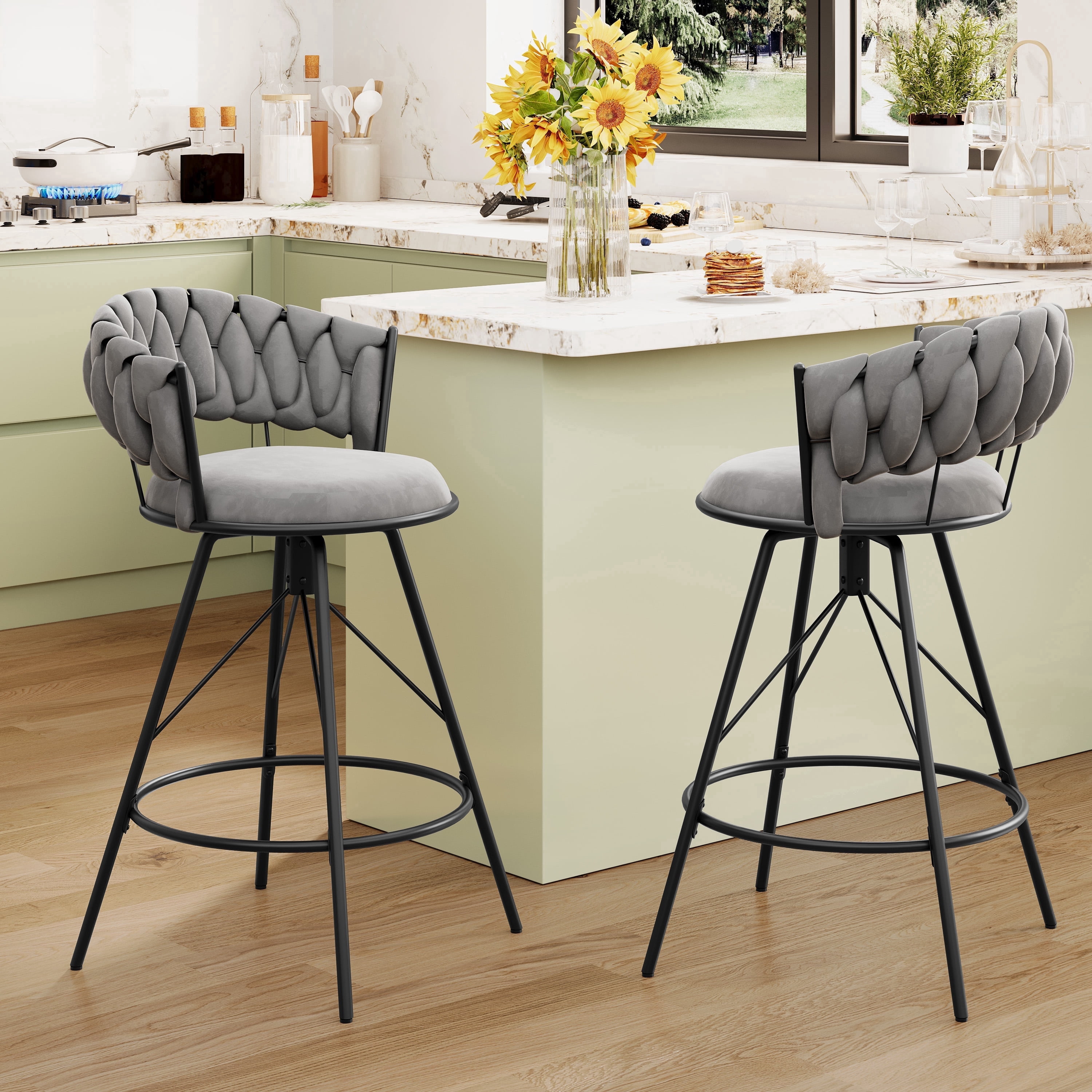 Andeworld 26'' Bar Stools with Woven Back set of 2, Modern Velvet Barstools with Upholstered Seating, Counter Height Barstool in Round Footrest, Gray
