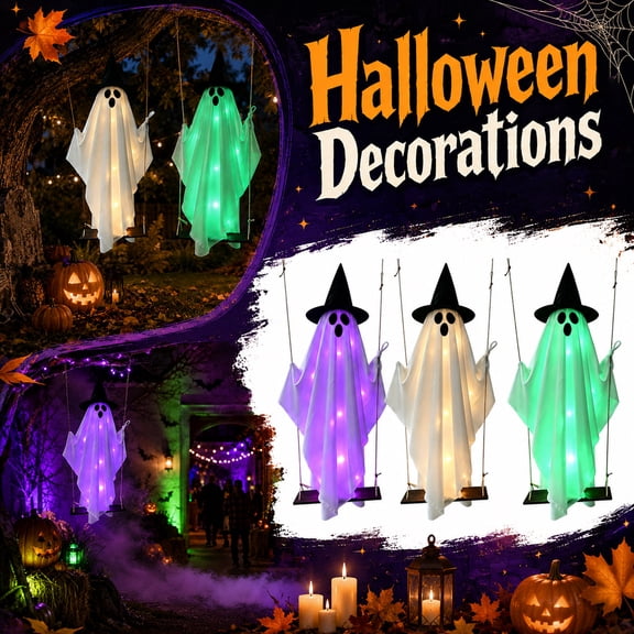 Halloween Decorations – 47" Hanging Ghost on Swing with LED String Lights, Outdoor Yard & Porch Prop for Haunted House Parties A