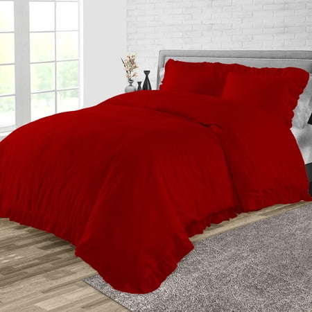 Twin/Twin XL Size Microfiber Duvet Cover Trimmed Ruffle Ultra Soft & Breathable 3 Piece Luxury Soft Wrinkle Free Cooling Sheet (1 Duvet Cover with 2 Pillowcases  Blood Red)