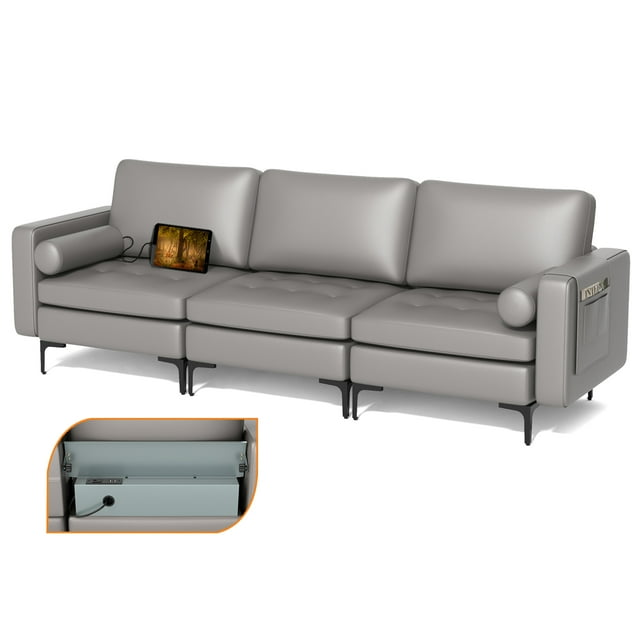 Costway Modular 3-Seat Sofa Couch with Socket USB Ports & Side Storage Pocket Grey