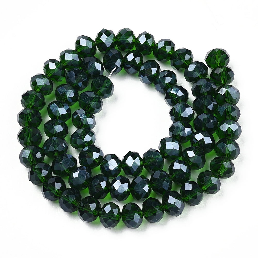 Electroplate Glass Beads Strands Pearl Luster Plated Faceted Rondelle Dark Green 10x8mm Hole: 1mm about 63~65pcs/strand 49~50cm