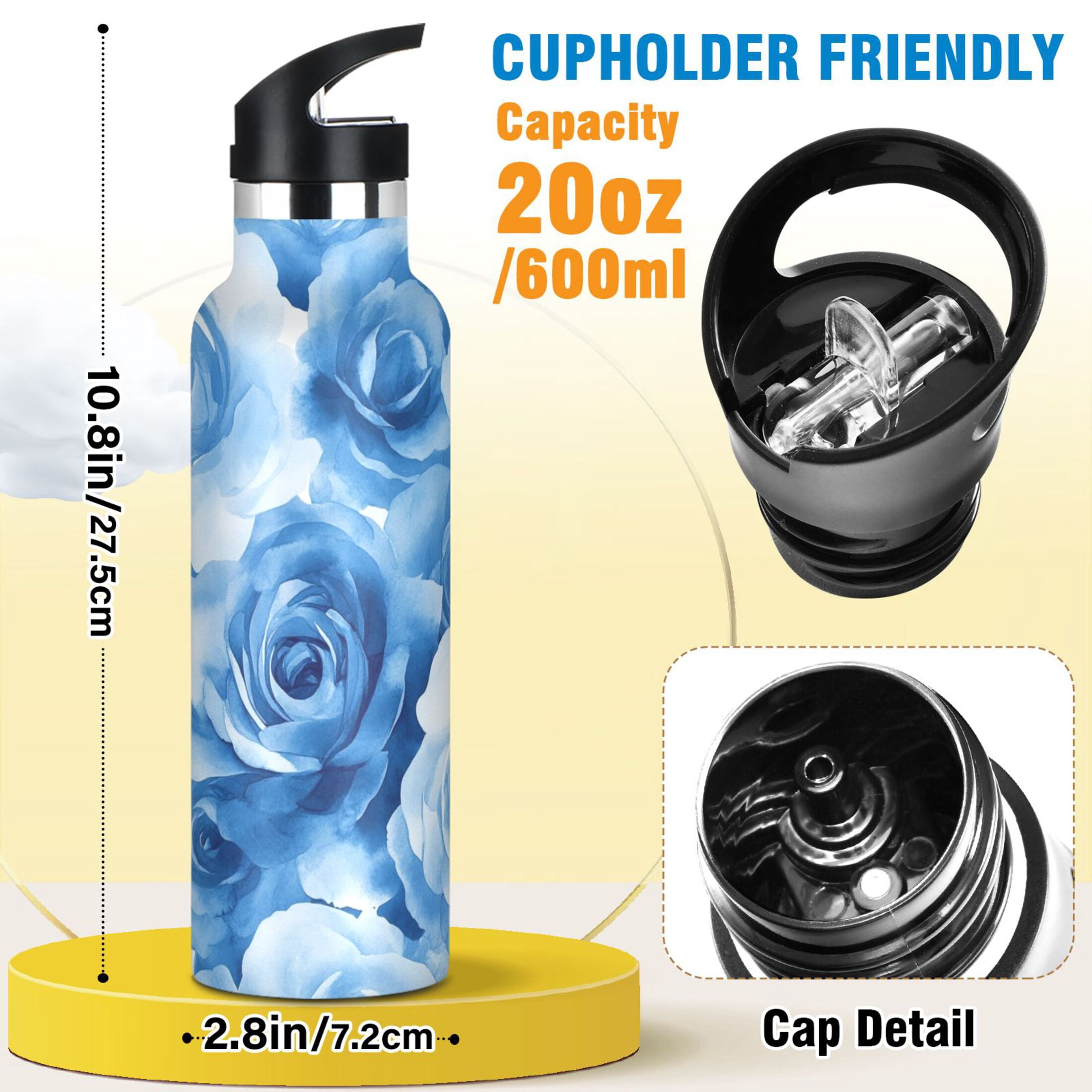 600ML Stainless Steel Insulated Cup Sports Water Bottle Portable Thermos Cup Water Glasses Insulated Tumblers Convenient and Durable Cartoon Blue Roses Seamless