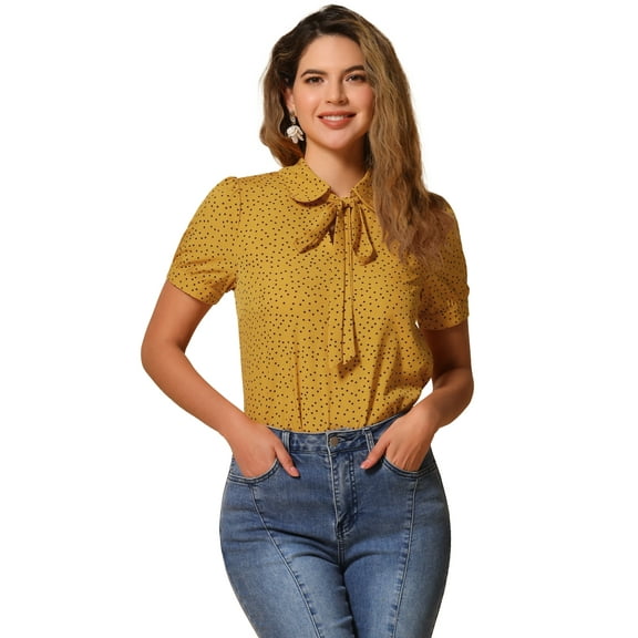 DARING DIVA Women's Polka Dots Tie Bow Chiffon Blouse M Yellow