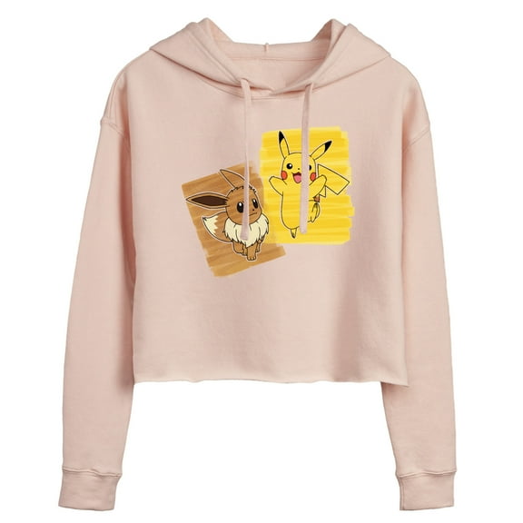 Pokémon - Pika Eevee Marker White Only - Juniors Cropped Long Sleeve Fleece Hoodie
