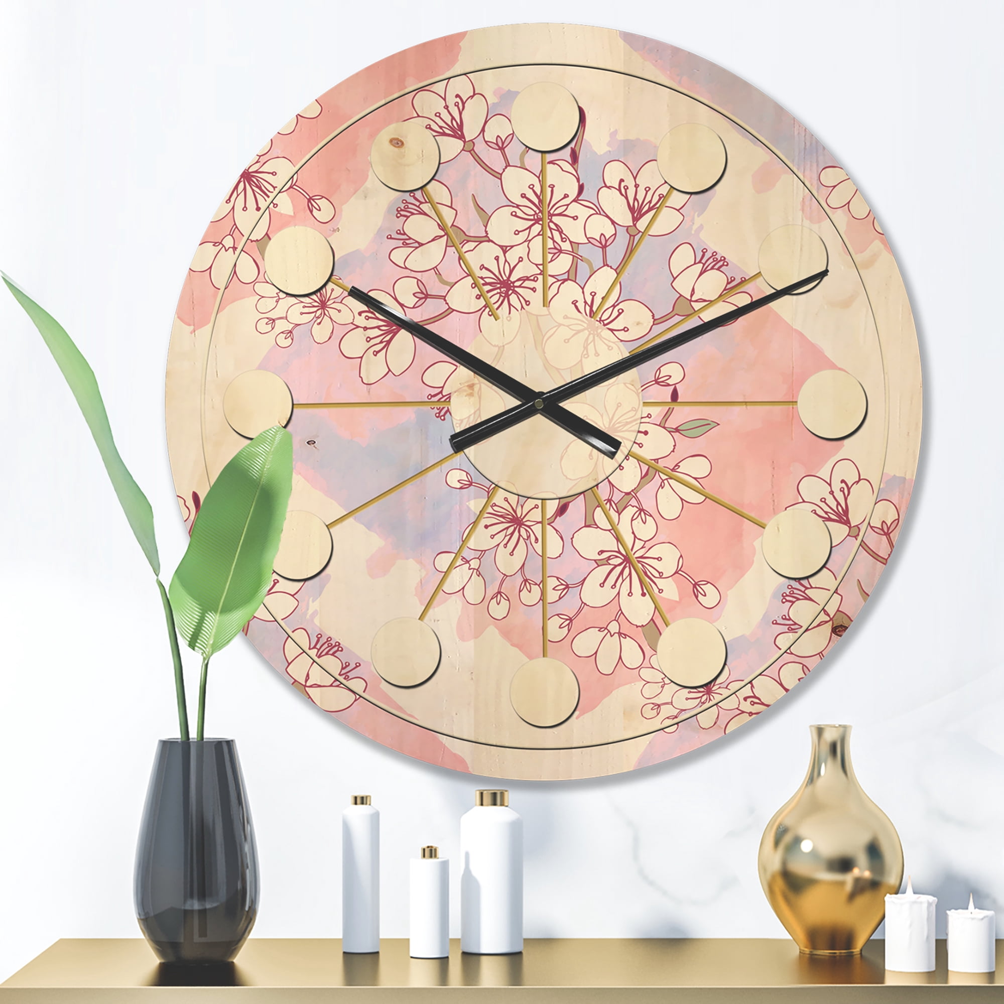 Designart 'Pink Flower Retro Pattern I' Mid-Century Modern Wood Wall Clock