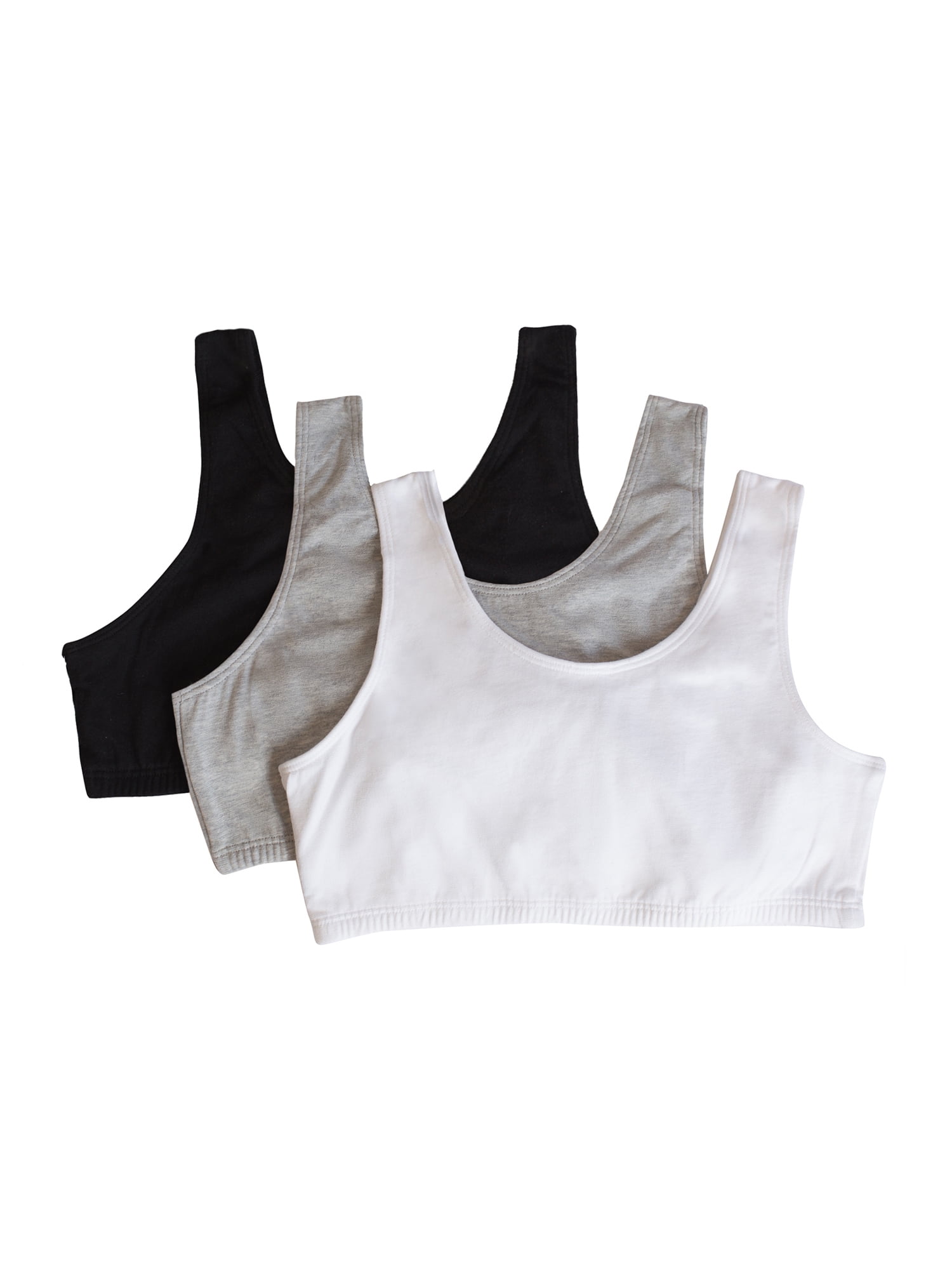 Girls Built Up Strap Cotton Sport Bra, 3 Pack