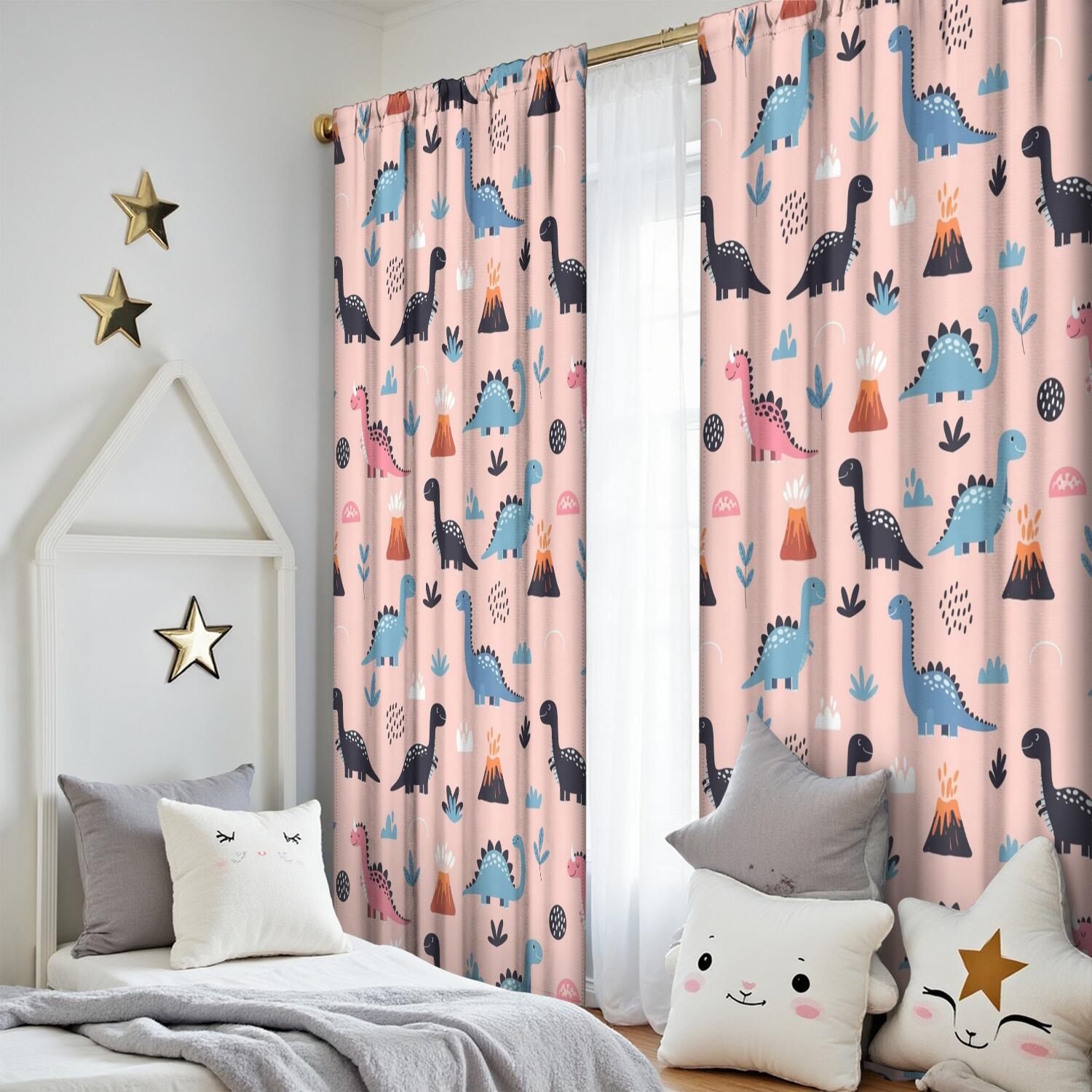 Blackout Kids Curtains,Pink Cartoon Dinosaurs Volcanoes Pattern Childrens Insulated Curtains Set Of 2,Bedroom Essentials,Toddler Room Decor 52"x84"
