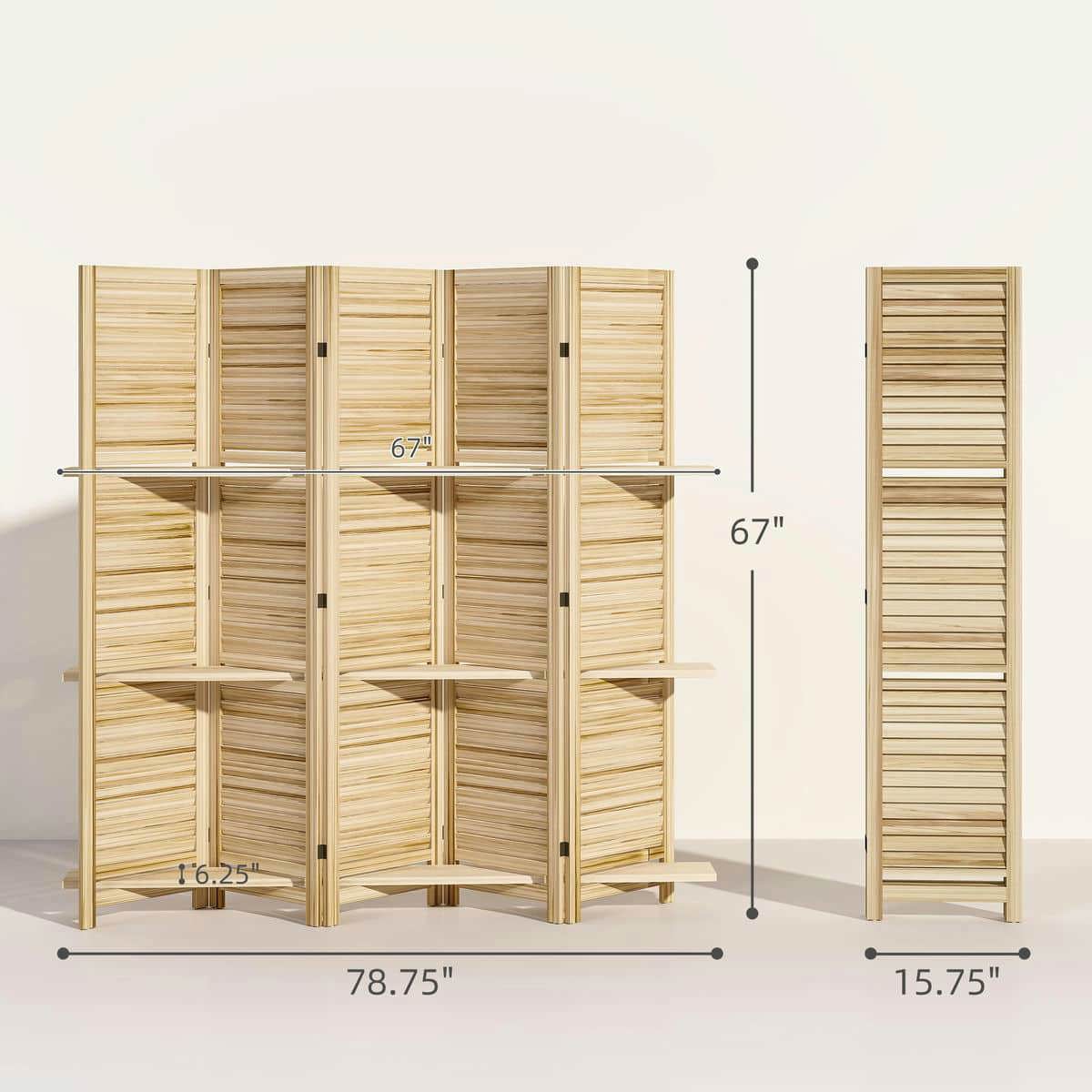 Spaco 5 Panel 67" Tall Wood Privacy Screen, Privacy Screen with 3 Shelves and Folding Storage, Room Divider for Indoor as Living Room, Bedroom, Natural