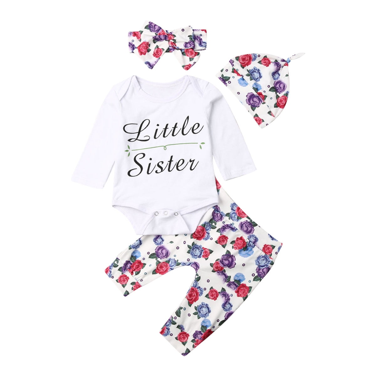 Toddler Newborn Baby Girls Long Sleeve Bodysuit Romper Floral Pants Hats Outfits Set