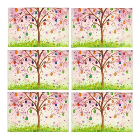 

MKHERT Easter Flowering Tree with Eggs and Birds Growing On Field Placemats Table Mats for Dining Room Kitchen Table Decoration 12x18 inch Set of 6