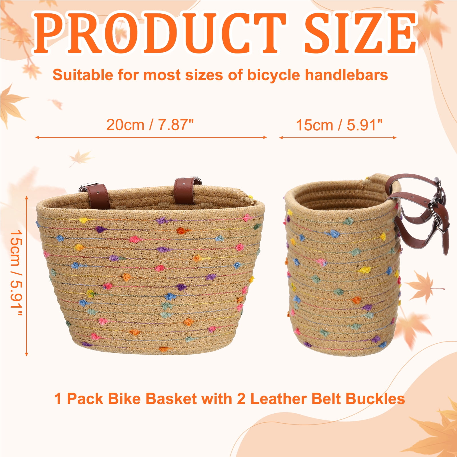 Uxcell Bike Basket, Cotton Rope Woven Colored Spots Bicycle Basket Adjustable Front Handlebar Baskets with 2 Leather Belt Buckles Khaki-Fitting For(Most Bikes/Tricycle/Scooters)