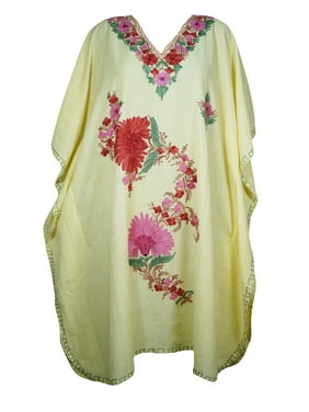 Mogul Women Beige Floral Embroidery Caftan Dress V-Neck Kimono Resort Wear Mid Length Cover Up Kaftan Dresses One Size