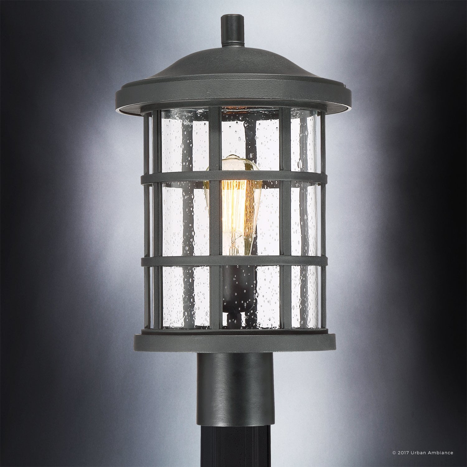 Urban Ambiance Luxury Craftsman Outdoor Post Light, Medium Size: 17.25"H x 10"W, with Tudor Style Elements, Wrought Iron Design, Natural Black Finish and Seeded Glass, UQL1046