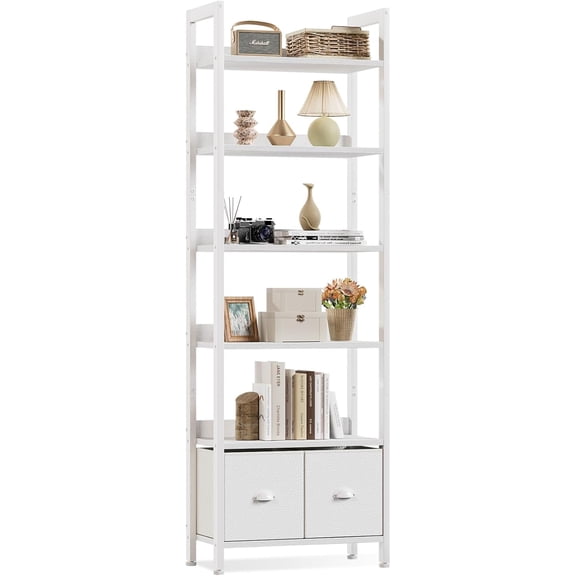 JessieMal White 6 Tier Bookshelf with Drawers, Tall 71" Bookcase with Shelves, Modern Wood and Metal Bookshelves Storage Organizer, Display Free Standing Shelf Unit for Bedroom, Living Room, Office