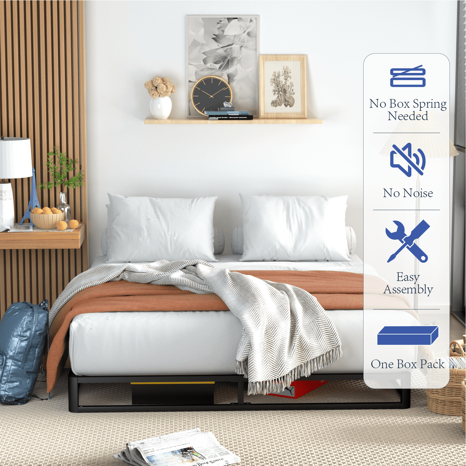 VENI 6" Mattress Support Bed Frame Metal Platform Bed with Wood Slat No Box Spring Needed, Twin