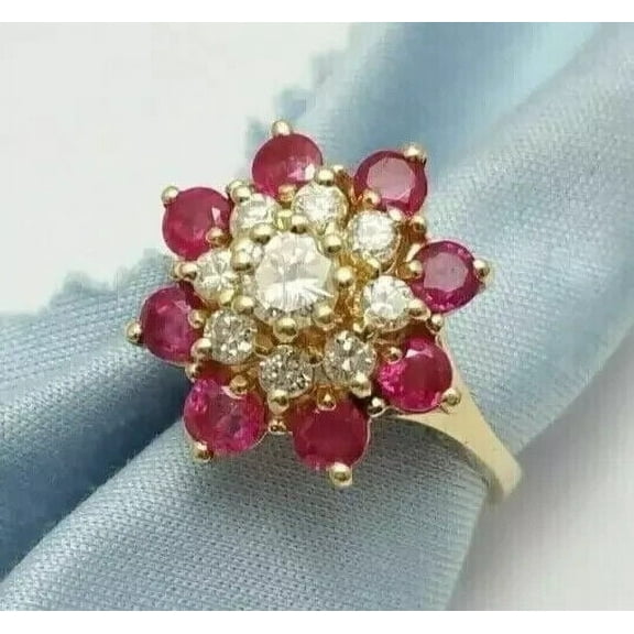 Red Ruby Halo Flower Ring 2.50Ct Round Cut Lab-Created 14K IN Yellow Gold Plated