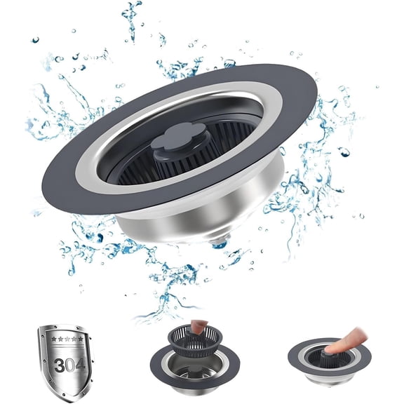 Upgraded 3 in 1 Kitchen Sink Drain Strainer Stopper 304 Stainless Steel Pop Up Kitchen Sink Stopper Anti-Clogging Kitchen Sink Strainer Basket Filter