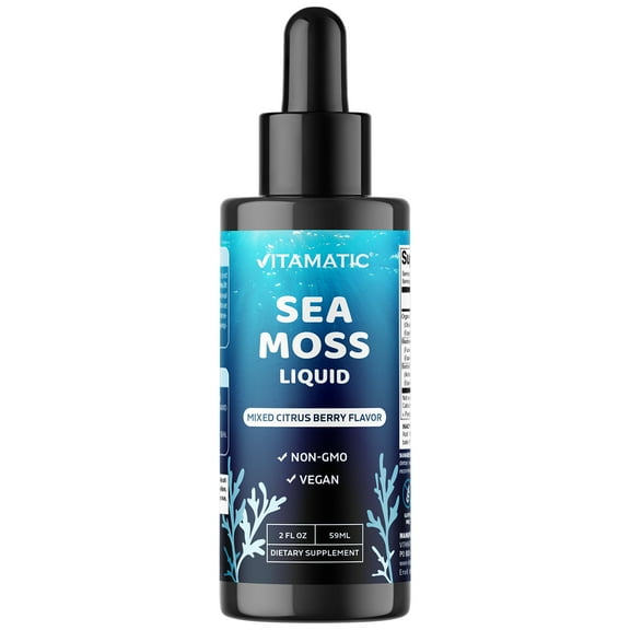 Vitamatic Liquid Organic Irish Sea Moss - Made with Bladderwrack & Burdock Root - 2800 mg per Serving - 2 FL OZ - Seamoss Supplement for Thyroid, Energy, Immune Support