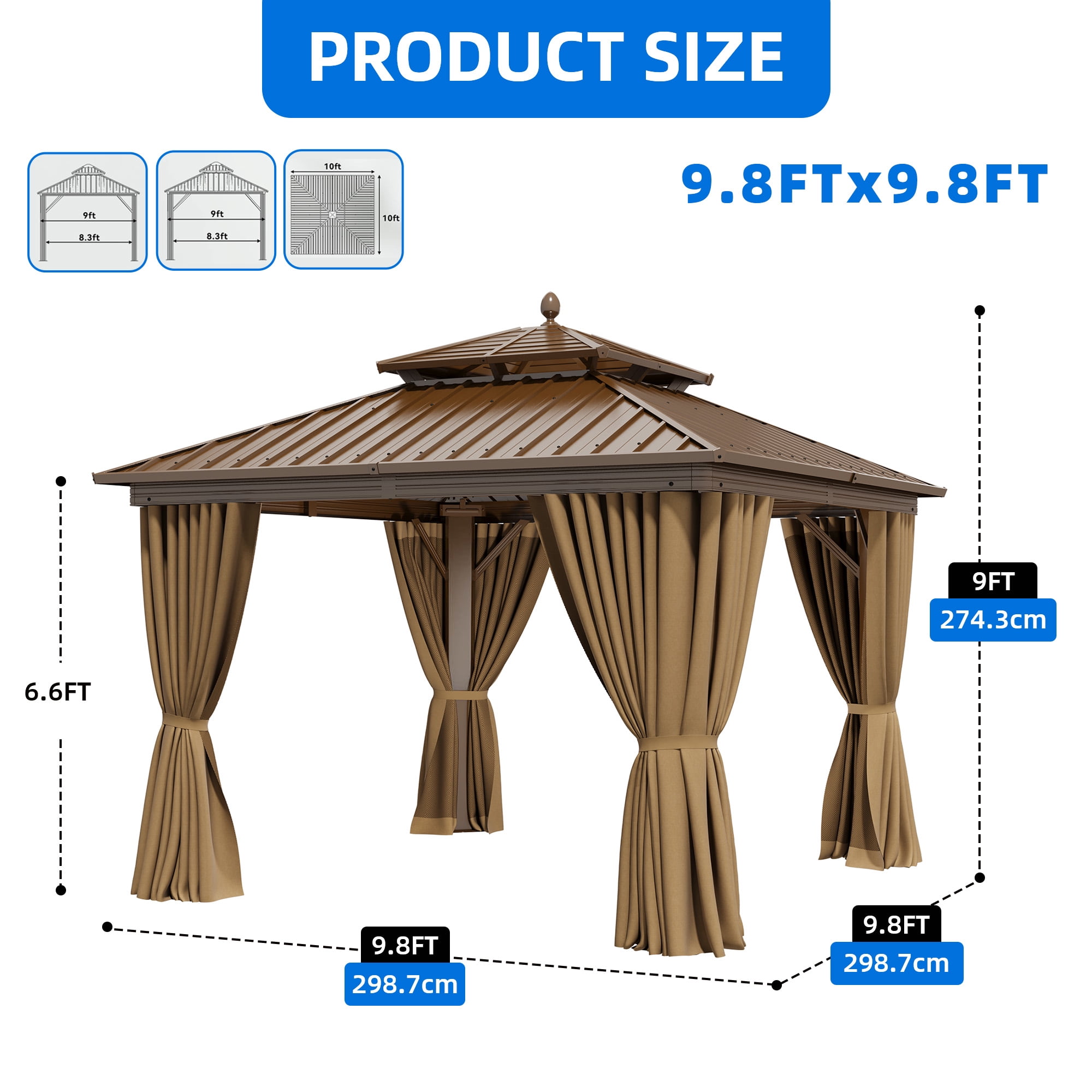 Dextrus 10x10ft Double Roof Hardtop Gazebo with Netting and Curtains, Outdoor Heavy Duty Galvanized Steel Combined of Vertical Stripes Roof,Ideal for Patio, Backyard, Deck, Lawns-Bronze