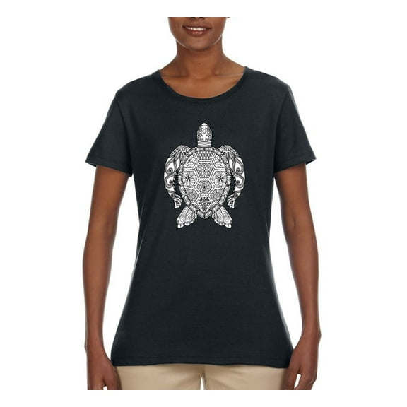 Black and White Mosaic Retro Mandala Turtle Animal Lover Womens Graphic T-Shirt, Black, Small