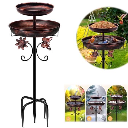 SLUMLOVE Bird Bath for Outside, 42In Double Metal Bird Bath for Garden Patio Yard Lawn Decor, Upgraded 5-Pronged Base