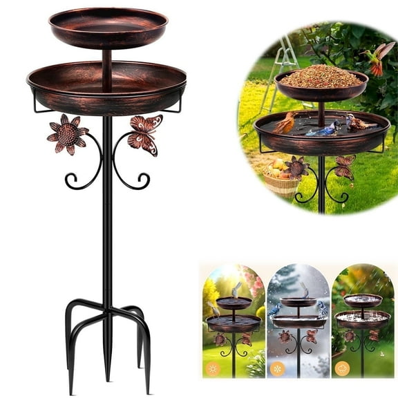 SLUMLOVE Bird Bath for Outside, 42In Double Metal Bird Bath for Garden Patio Yard Lawn Decor, Upgraded 5-Pronged Base