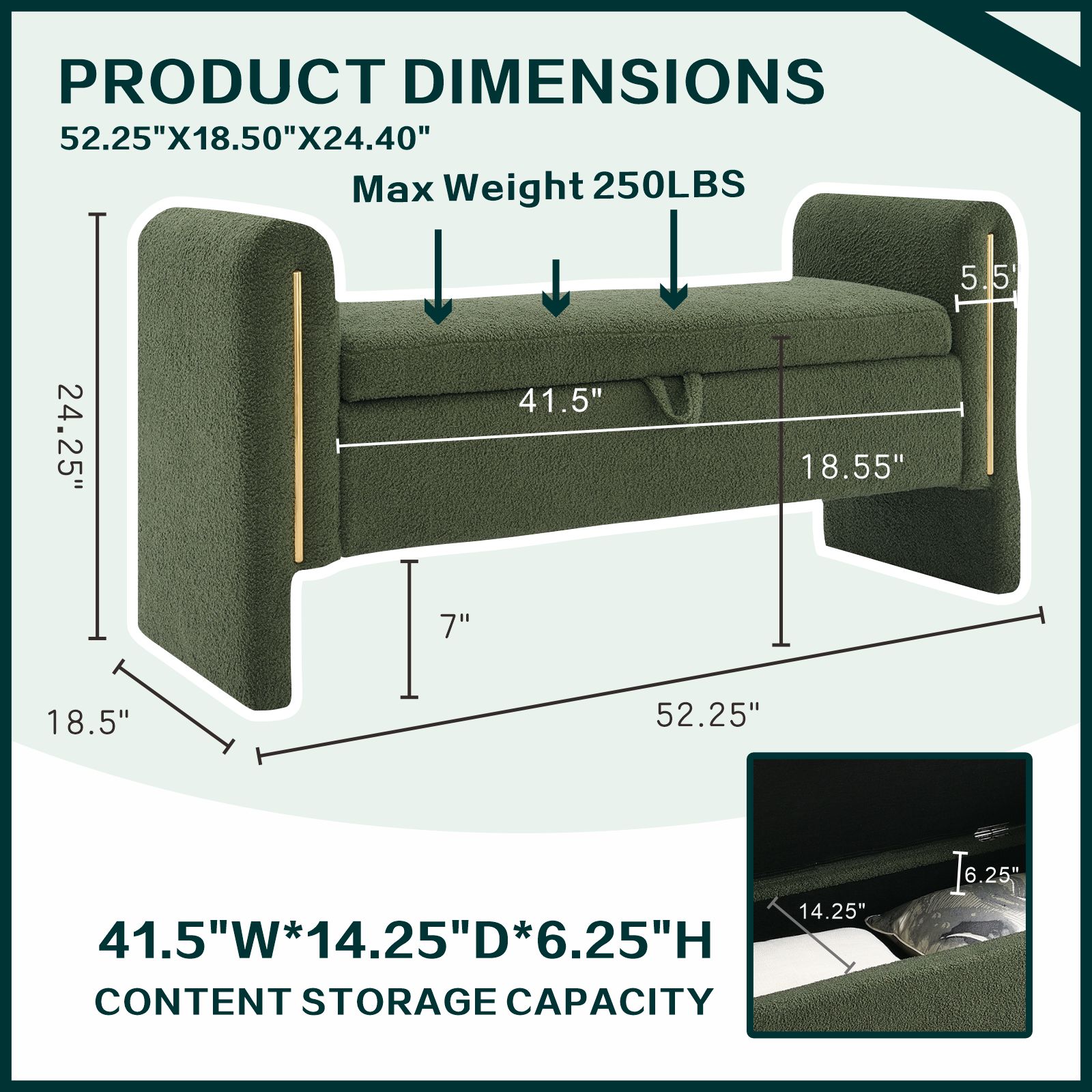 QianYueLUX 52" Storage Ottoman Bench with Armrests, Green Teddy Fabric, 250lbs Capacity, Multi-Functional Footrest for Bedroom & Entryway