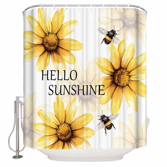 Small Stall Shower Curtain 36x72 Inch Narrow Half Size Summer Sunflower Bath Curtains Bathroom Decor Yellow Bee Vintage Text Artwork Waterproof Fabric Shower Curtain Set with Hooks 36 Inch