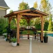 Backyard Discovery Granada 10x9 Cedar Wood Grill Gazebo, Galvanized Steel Roof, Bar Tops