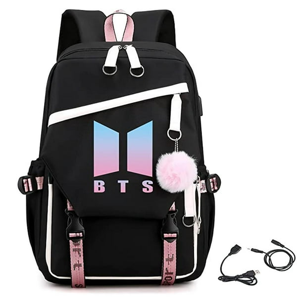 Kpop BTS Mochila con cable de audio USB puerto de carga coreano casual mochila portátil bolsa univer blanco