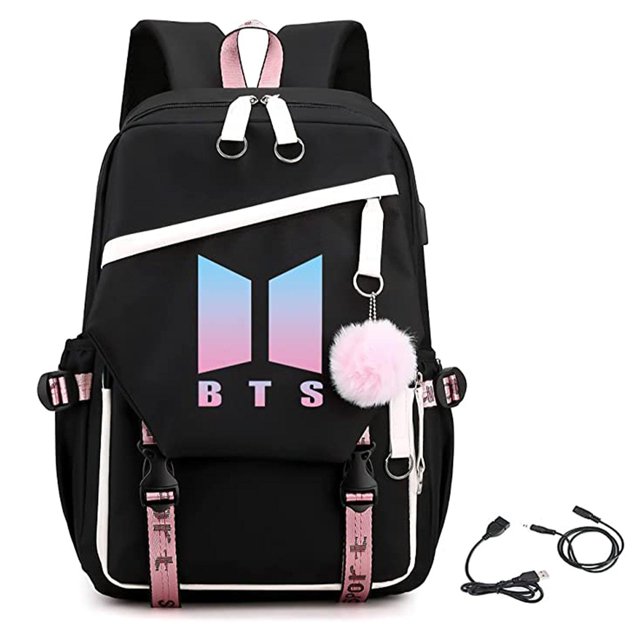 Kpop BTS Mochila con cable de audio USB puerto de carga coreano casual mochila portátil bolsa univer blanco