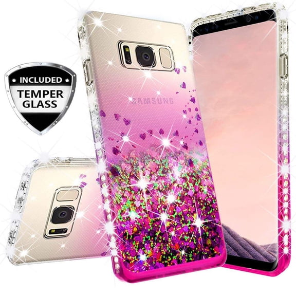 Compatible for Samsung Galaxy S7 Edge Case, with [Temper Glass Screen Protector] SOGA Diamond Glitter Liquid Quicksand Phone Cover Cute Girl Women Phone Case [Clear/Pink]